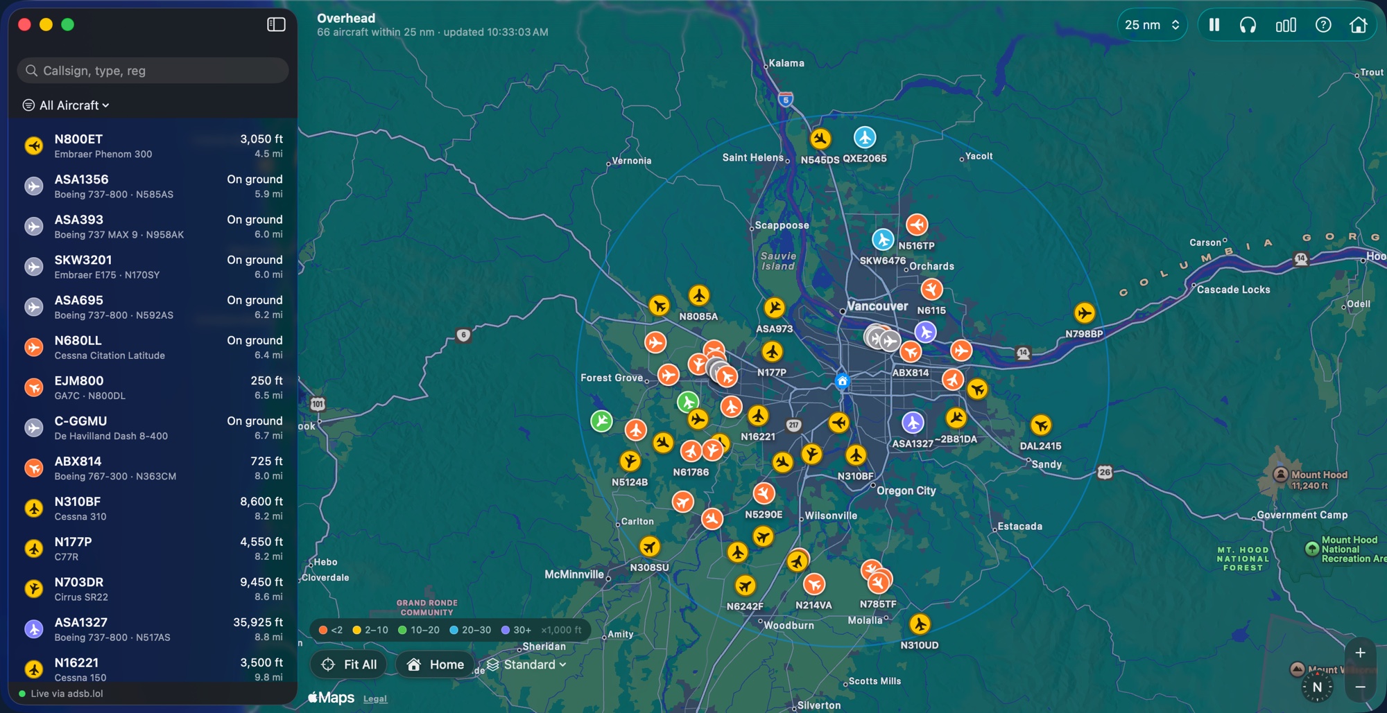 The Overhead app showing 66 aircraft within 25 nautical miles: a sidebar listing each flight with its type, altitude and distance, beside a live map where aircraft are colored by altitude around a range ring centered on home.