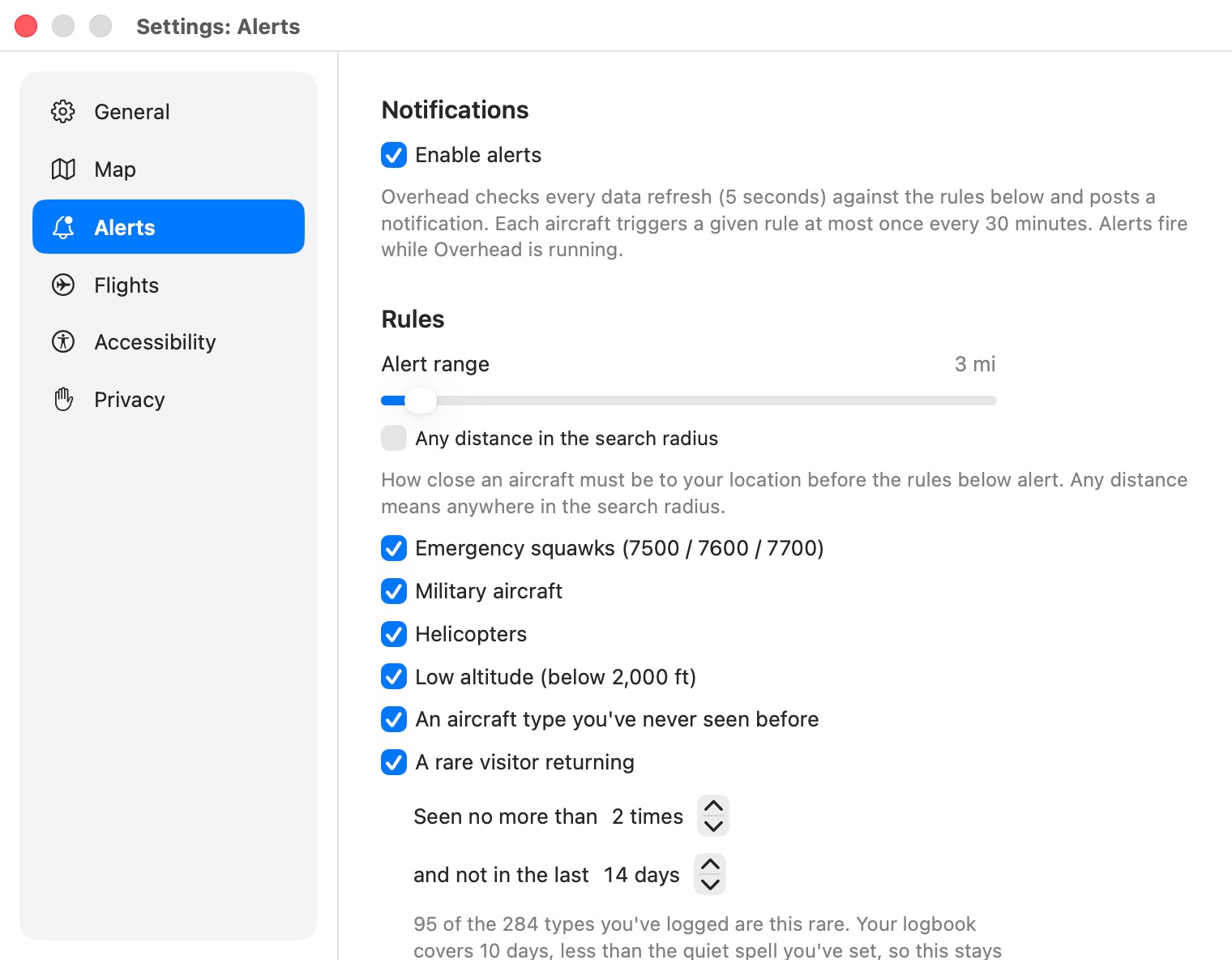 Overhead's Alerts settings: the alert range, then a rule for each kind of alert, rare visitor open.
