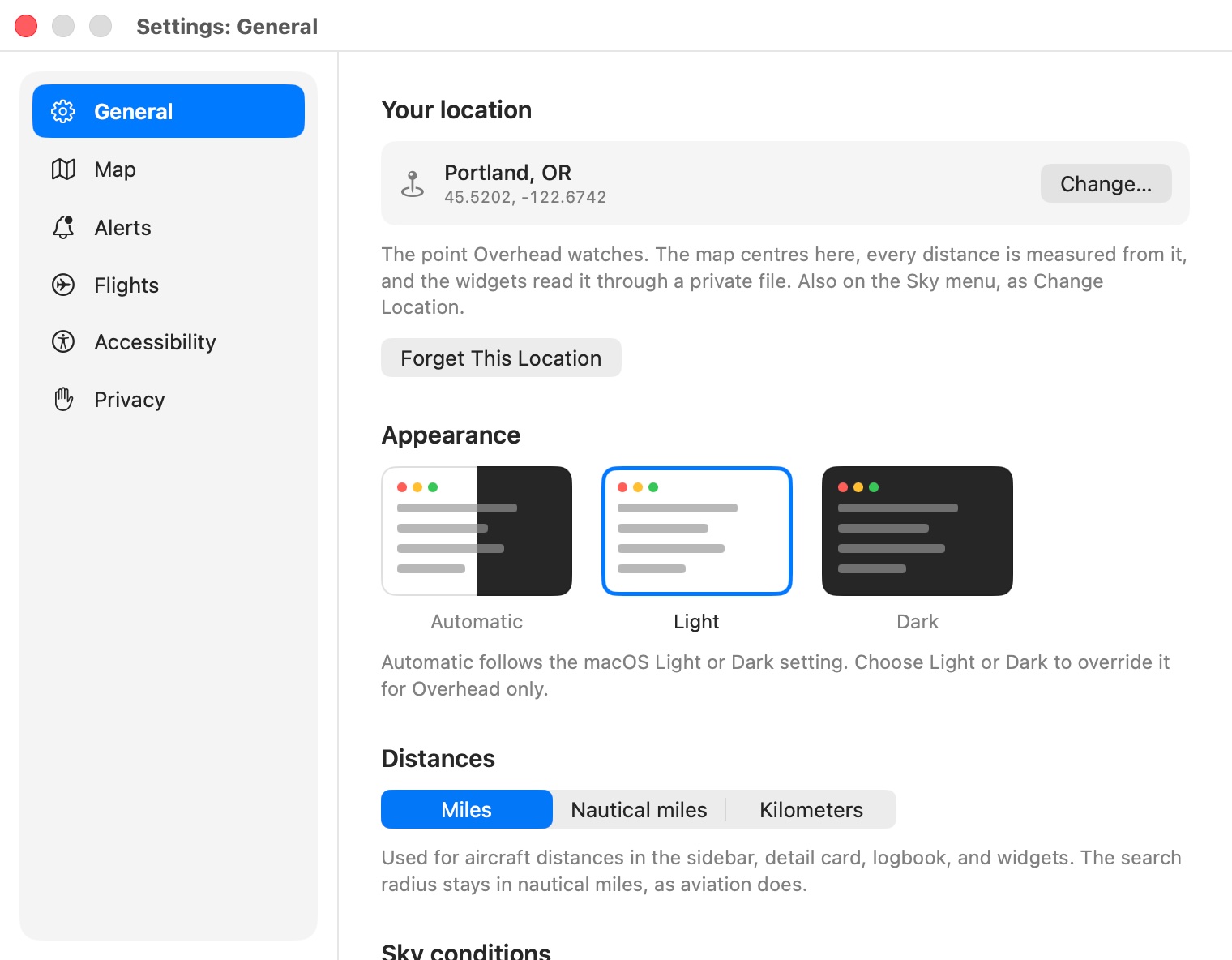 Overhead's General settings: location, appearance, distance units, sky conditions and the menu bar.