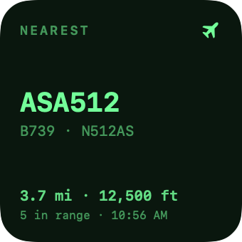 Nearest Aircraft widget: the closest flight, ASA512, a Boeing 737-900, 3.7 miles away at 12,500 feet.